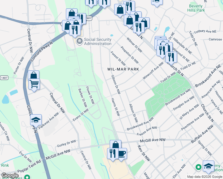 map of restaurants, bars, coffee shops, grocery stores, and more near 655 Harris Street Northwest in Concord