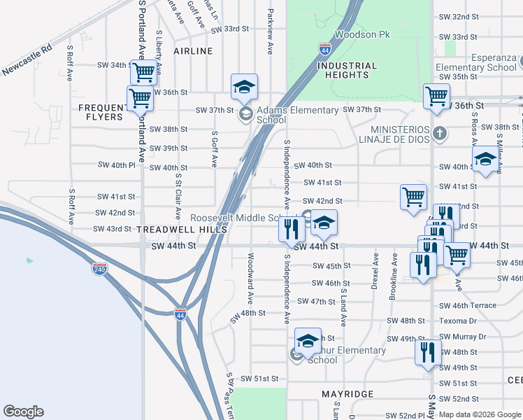 map of restaurants, bars, coffee shops, grocery stores, and more near 3344 Southwest 42nd Street in Oklahoma City