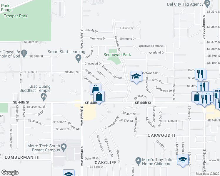 map of restaurants, bars, coffee shops, grocery stores, and more near 3213 Neighbors Lane in Del City