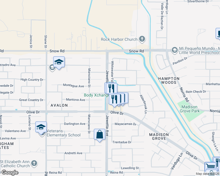 map of restaurants, bars, coffee shops, grocery stores, and more near 6911 Whitewater Falls Drive in Bakersfield