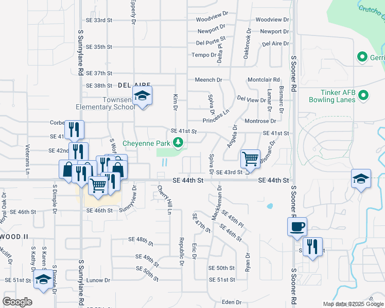 map of restaurants, bars, coffee shops, grocery stores, and more near 4705 Castle Bay Cove in Del City