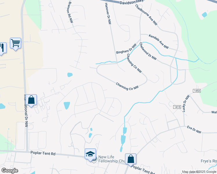 map of restaurants, bars, coffee shops, grocery stores, and more near 615 Holly Grove Court NW in Concord