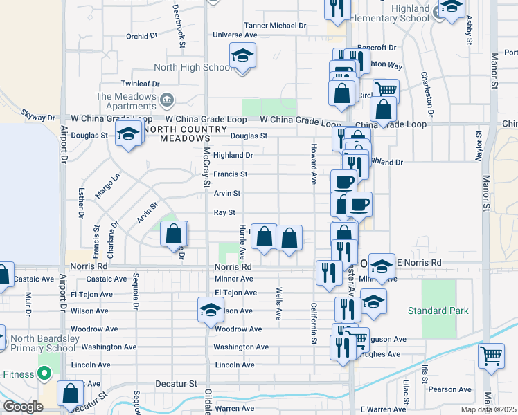 map of restaurants, bars, coffee shops, grocery stores, and more near 312 Ray Street in Bakersfield