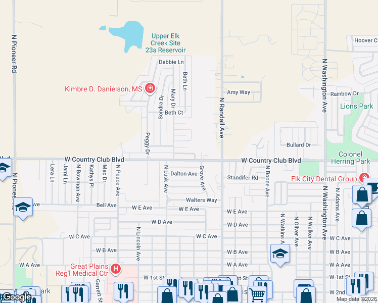 map of restaurants, bars, coffee shops, grocery stores, and more near 1402 Sherry Court in Elk City