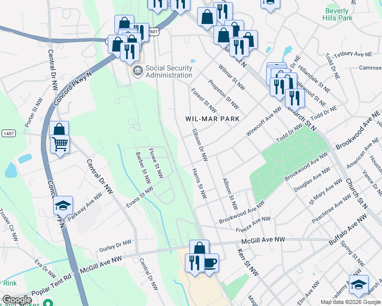 map of restaurants, bars, coffee shops, grocery stores, and more near 655 Harris Street Northwest in Concord