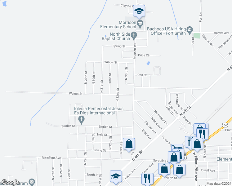 map of restaurants, bars, coffee shops, grocery stores, and more near 4501 North 32nd Street in Fort Smith