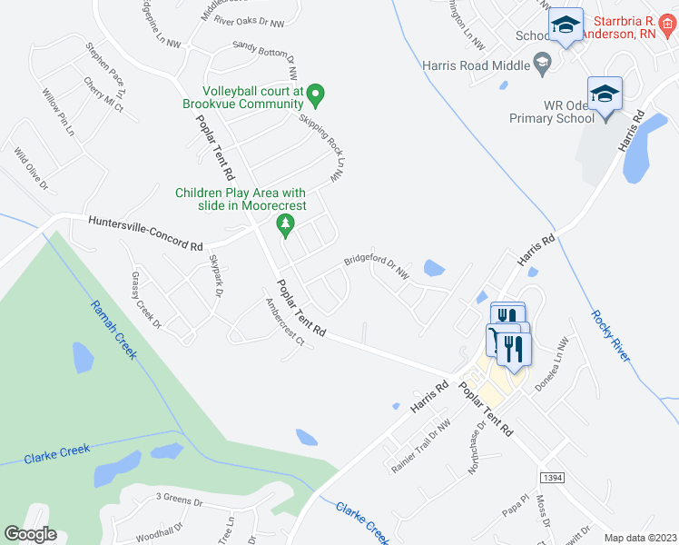map of restaurants, bars, coffee shops, grocery stores, and more near 1258 Bridgeford Drive Northwest in Huntersville
