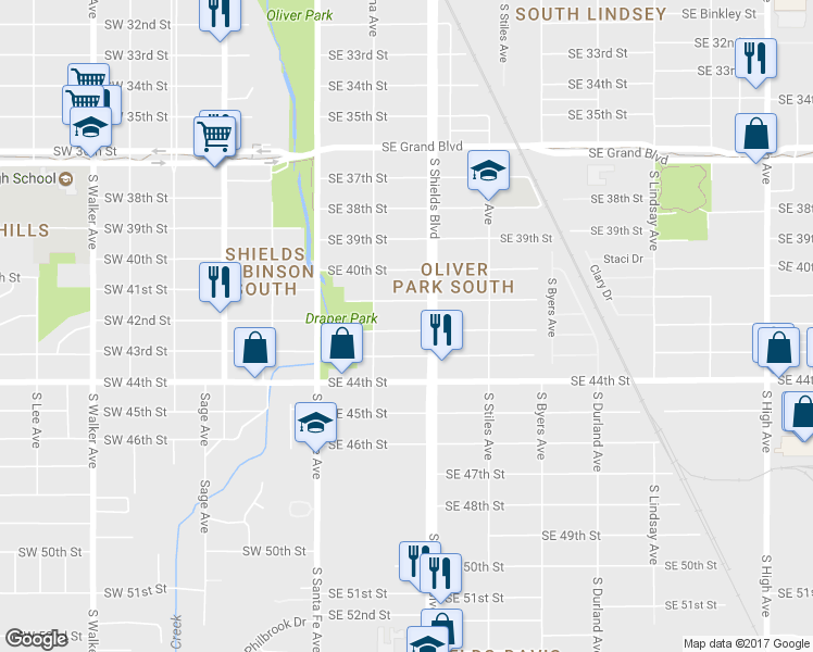 map of restaurants, bars, coffee shops, grocery stores, and more near 129 Southeast 42nd Street in Oklahoma City