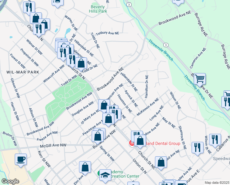 map of restaurants, bars, coffee shops, grocery stores, and more near 385 Houston Street Northeast in Concord