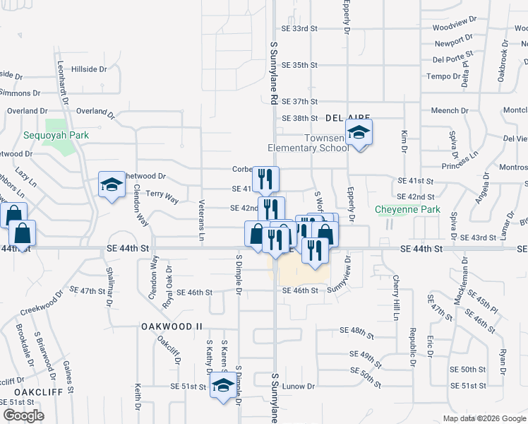 map of restaurants, bars, coffee shops, grocery stores, and more near 4301 South Sunnylane Road in Del City
