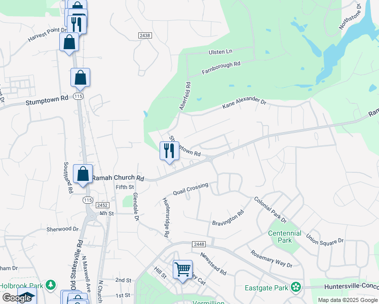 map of restaurants, bars, coffee shops, grocery stores, and more near 12465 Stumptown Road in Huntersville
