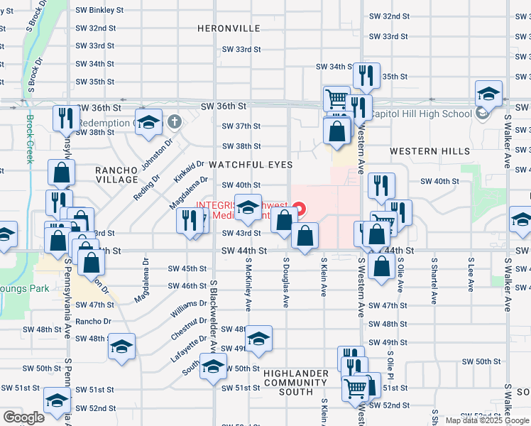map of restaurants, bars, coffee shops, grocery stores, and more near 1131 SW 42nd St in Oklahoma City