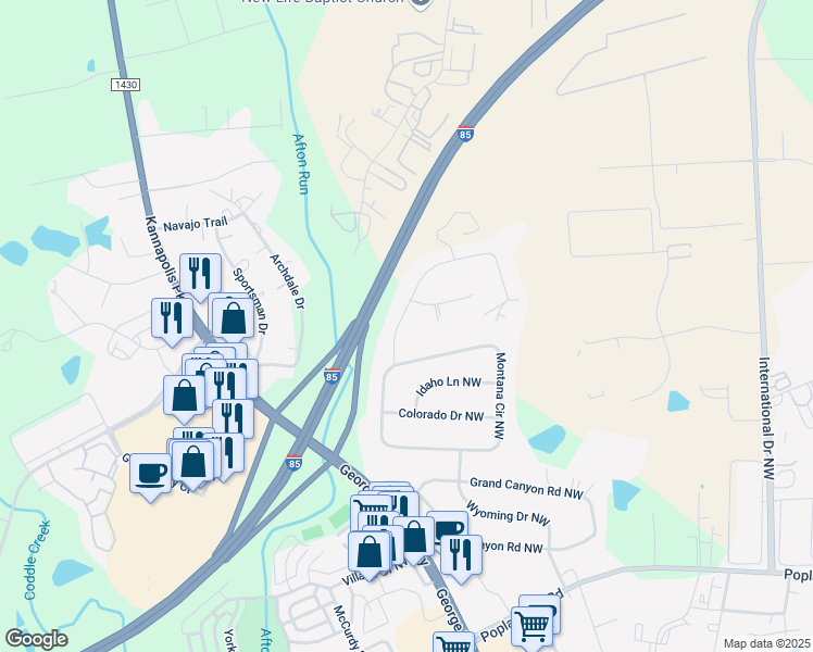 map of restaurants, bars, coffee shops, grocery stores, and more near 526 Wyoming Drive Northwest in Concord