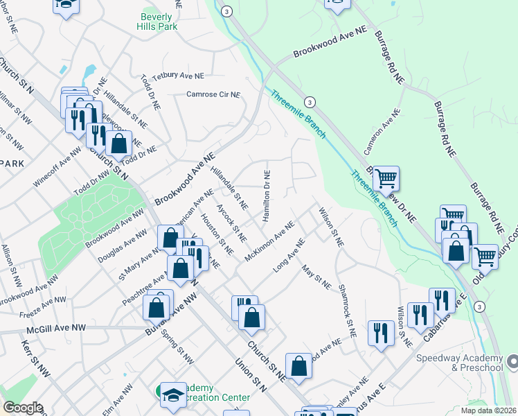 map of restaurants, bars, coffee shops, grocery stores, and more near 310 Hamilton Drive Northeast in Concord