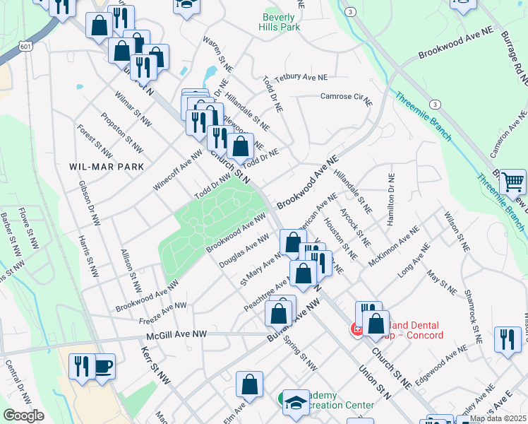 map of restaurants, bars, coffee shops, grocery stores, and more near 10/15 Brookwood Avenue Northwest in Concord
