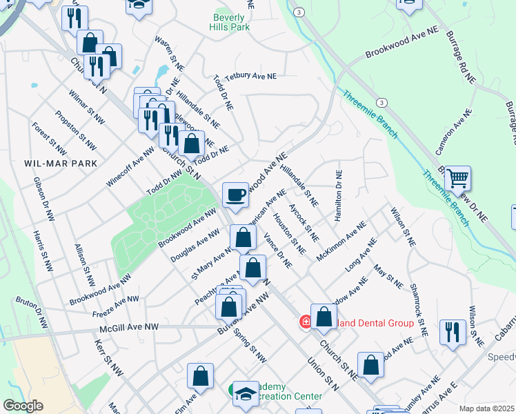 map of restaurants, bars, coffee shops, grocery stores, and more near 385 Houston Street Northeast in Concord