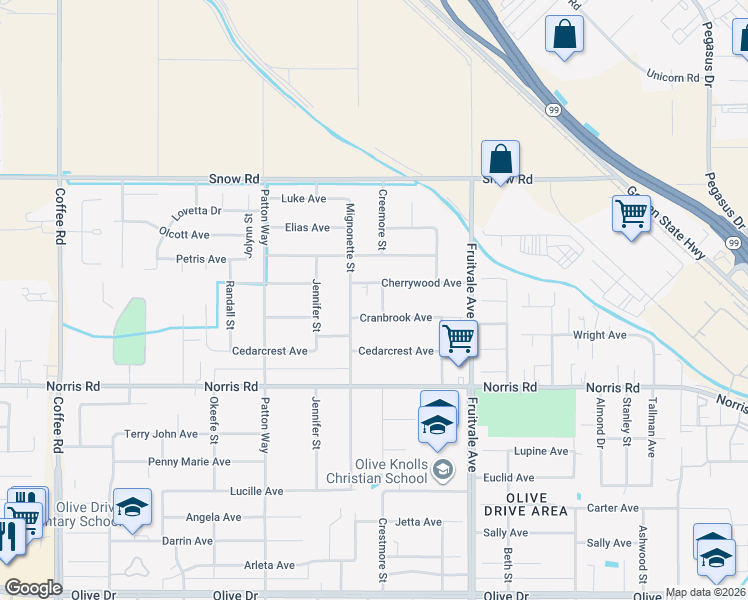 map of restaurants, bars, coffee shops, grocery stores, and more near 6809 Creemore St in Bakersfield
