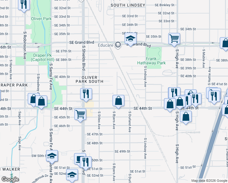 map of restaurants, bars, coffee shops, grocery stores, and more near 345 Southeast 42nd Street in Oklahoma City