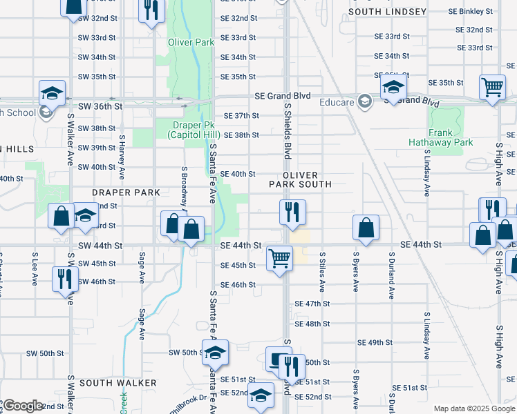 map of restaurants, bars, coffee shops, grocery stores, and more near 129 Southeast 42nd Street in Oklahoma City