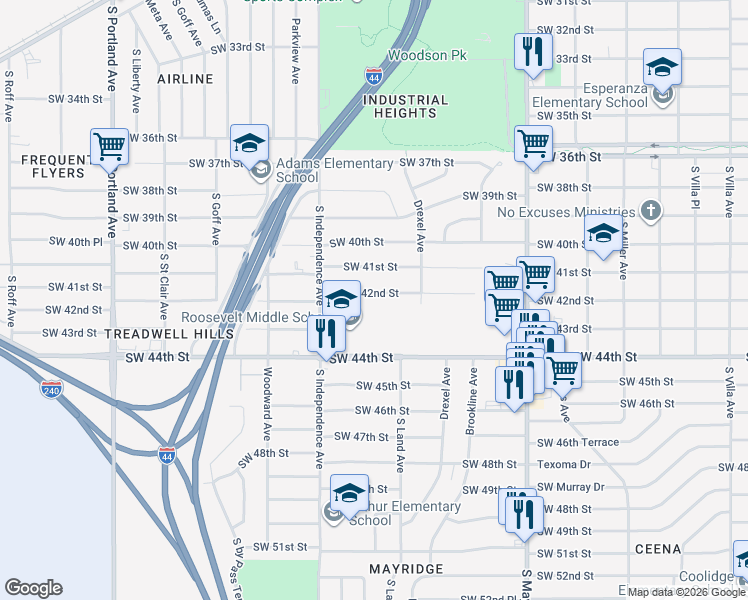 map of restaurants, bars, coffee shops, grocery stores, and more near 3136 Southwest 42nd Street in Oklahoma City