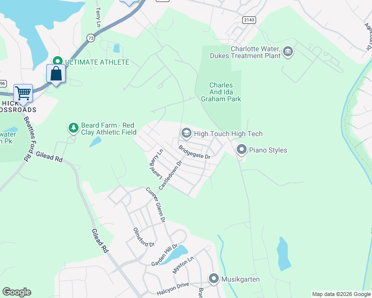 map of restaurants, bars, coffee shops, grocery stores, and more near 8210 Bridgegate Drive in Huntersville