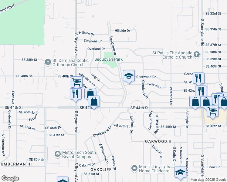 map of restaurants, bars, coffee shops, grocery stores, and more near 3325 Neighbors Lane in Del City