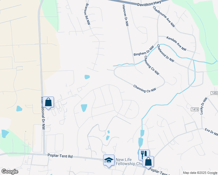 map of restaurants, bars, coffee shops, grocery stores, and more near 4131 Stream Dale Circle Northwest in Concord