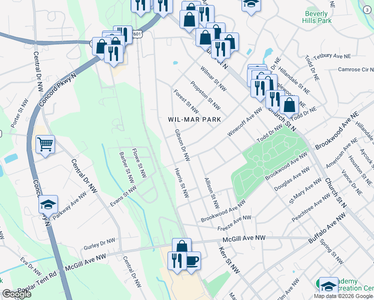 map of restaurants, bars, coffee shops, grocery stores, and more near 179 Spencer Avenue Northwest in Concord