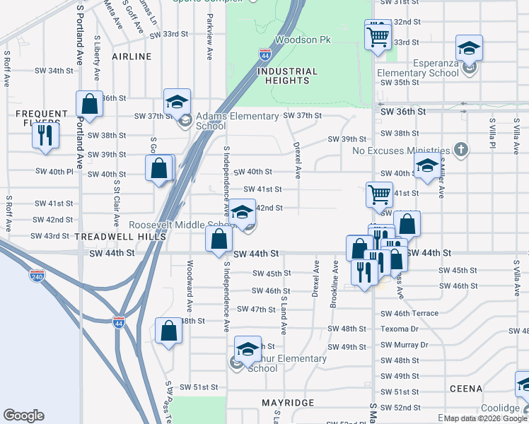 map of restaurants, bars, coffee shops, grocery stores, and more near 3136 Southwest 42nd Street in Oklahoma City