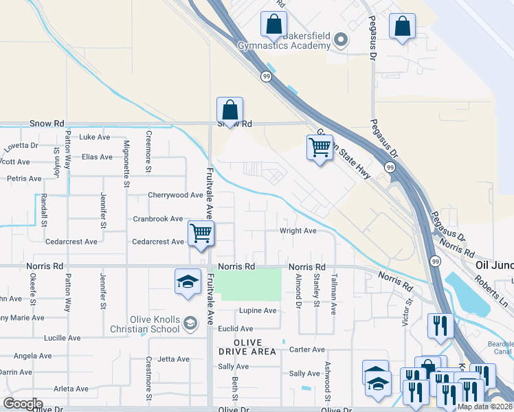 map of restaurants, bars, coffee shops, grocery stores, and more near 6210 Rogers Street in Bakersfield