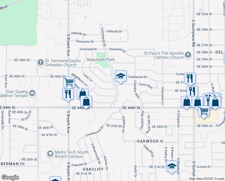 map of restaurants, bars, coffee shops, grocery stores, and more near 3325 Neighbors Lane in Del City