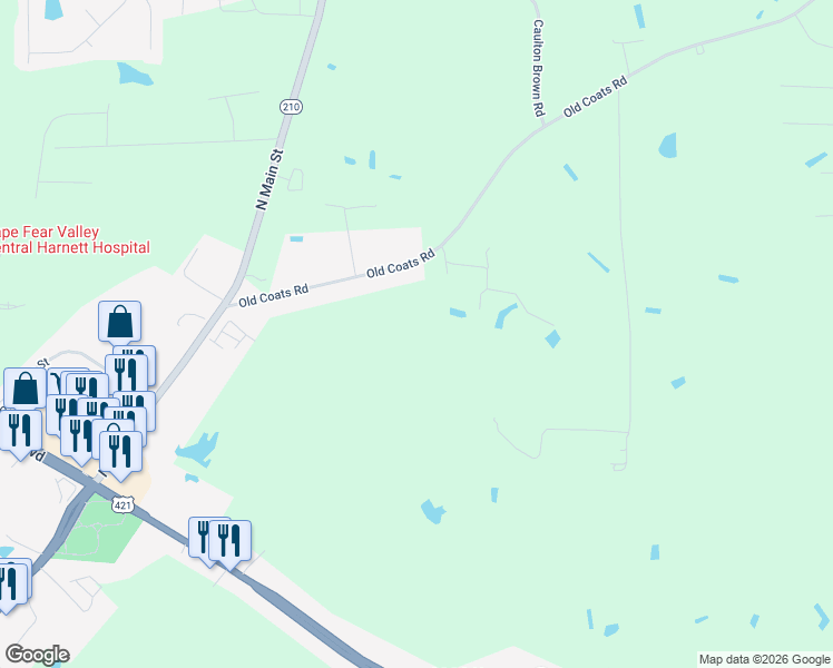 map of restaurants, bars, coffee shops, grocery stores, and more near 370 Old Coats Road in Lillington