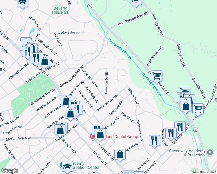 map of restaurants, bars, coffee shops, grocery stores, and more near 314 Hamilton Drive Northeast in Concord