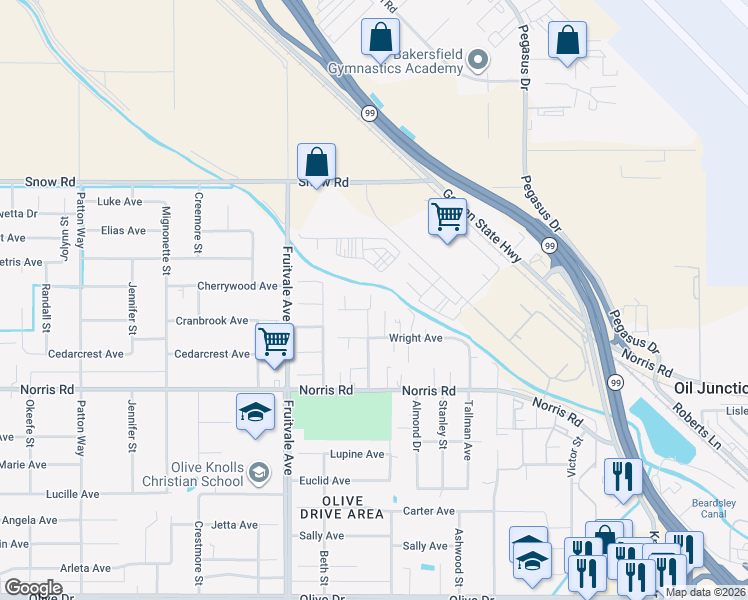 map of restaurants, bars, coffee shops, grocery stores, and more near 6210 Rogers Street in Bakersfield