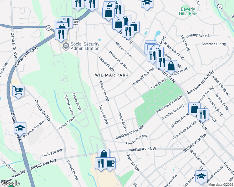 map of restaurants, bars, coffee shops, grocery stores, and more near 152 Winecoff Avenue Northwest in Concord