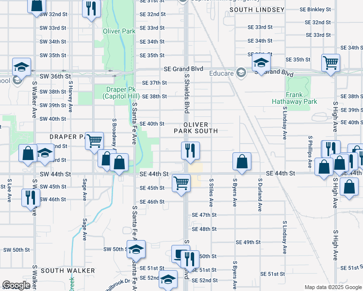 map of restaurants, bars, coffee shops, grocery stores, and more near 129 Southeast 42nd Street in Oklahoma City