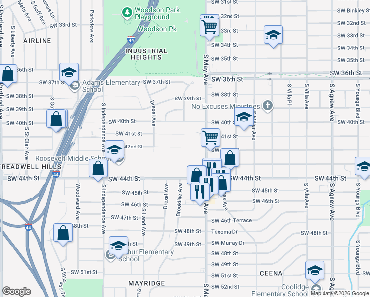map of restaurants, bars, coffee shops, grocery stores, and more near 3000 Southwest 42nd Street in Oklahoma City