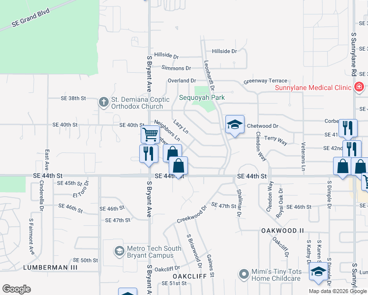 map of restaurants, bars, coffee shops, grocery stores, and more near 3129 Dentwood Terrace in Del City