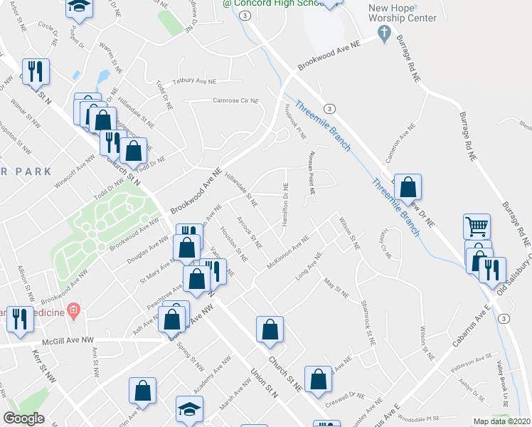 map of restaurants, bars, coffee shops, grocery stores, and more near 334 Hillandale Street Northeast in Concord