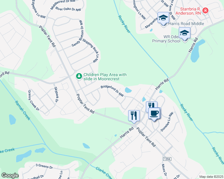 map of restaurants, bars, coffee shops, grocery stores, and more near 1310 Bridgeford Drive Northwest in Huntersville