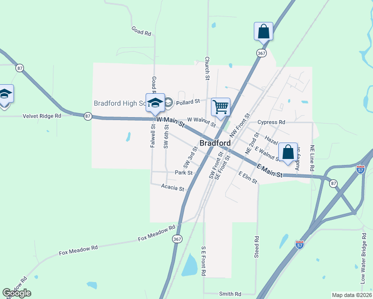 map of restaurants, bars, coffee shops, grocery stores, and more near 200 Southwest 3rd Street in Bradford