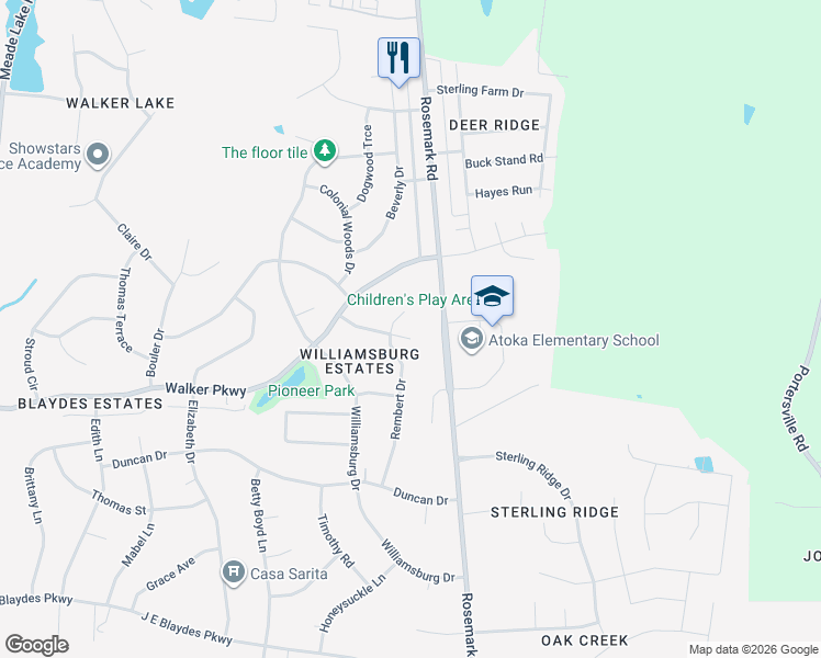 map of restaurants, bars, coffee shops, grocery stores, and more near 308 Rembert Drive in Atoka