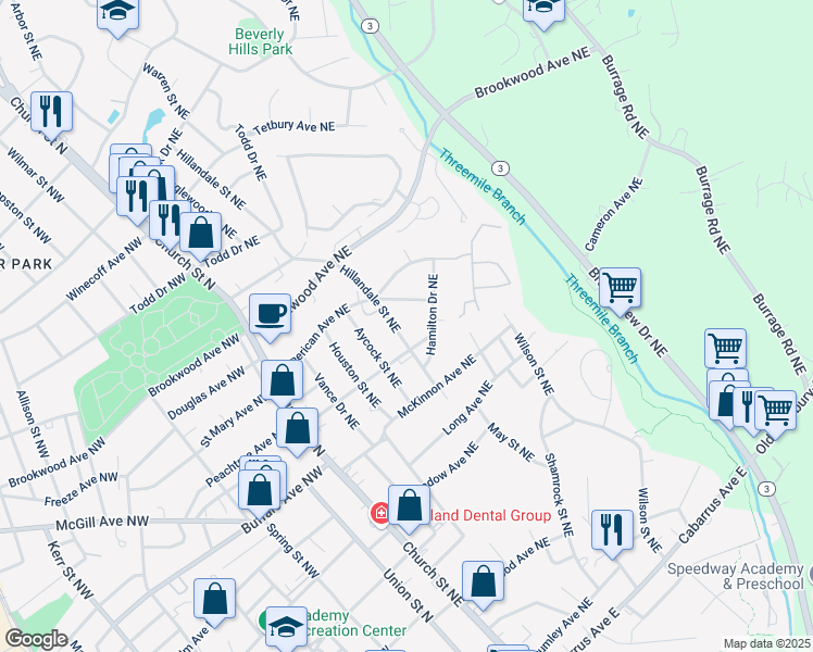map of restaurants, bars, coffee shops, grocery stores, and more near 334 Hillandale Street Northeast in Concord