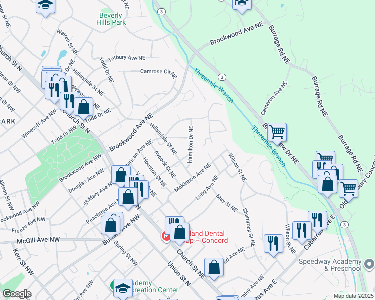 map of restaurants, bars, coffee shops, grocery stores, and more near 310 Hamilton Drive Northeast in Concord