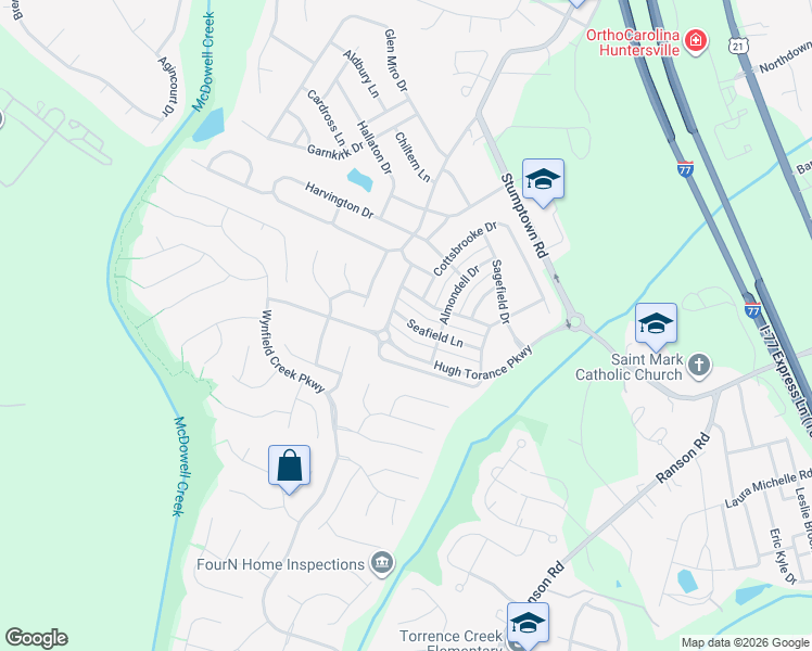 map of restaurants, bars, coffee shops, grocery stores, and more near 15737 Seafield Lane in Huntersville