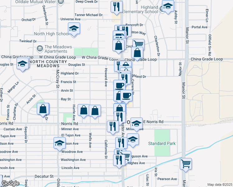 map of restaurants, bars, coffee shops, grocery stores, and more near 118 Ray Street in Bakersfield