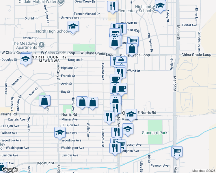 map of restaurants, bars, coffee shops, grocery stores, and more near 118 Ray Street in Bakersfield