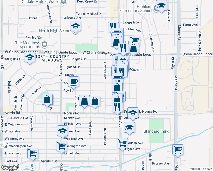 map of restaurants, bars, coffee shops, grocery stores, and more near 202 Ray Street in Bakersfield