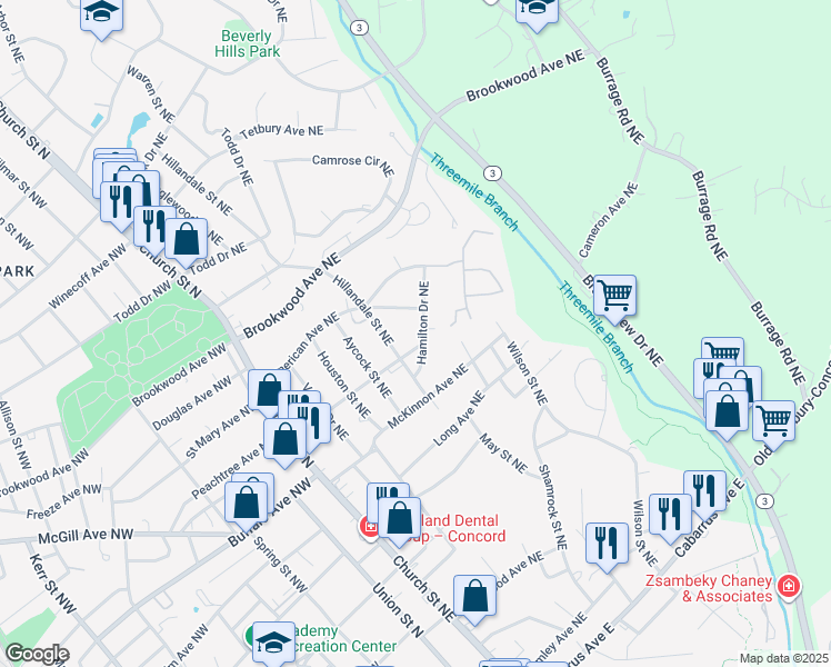 map of restaurants, bars, coffee shops, grocery stores, and more near 310 Hamilton Drive Northeast in Concord
