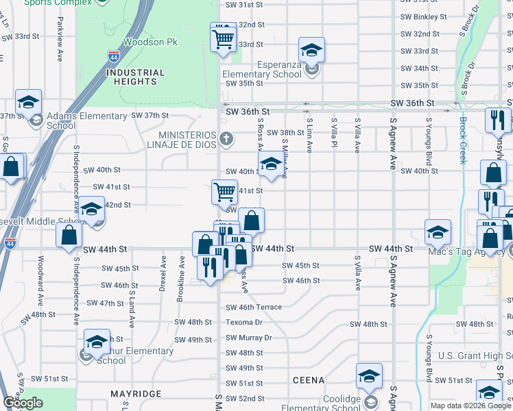 map of restaurants, bars, coffee shops, grocery stores, and more near 2800 Southwest 42nd Street in Oklahoma City